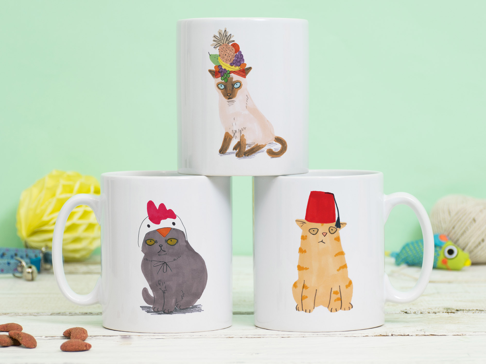 Cats In Hats Mug, Chicken Hat, Fruity Hat Fez Jo Clark Design