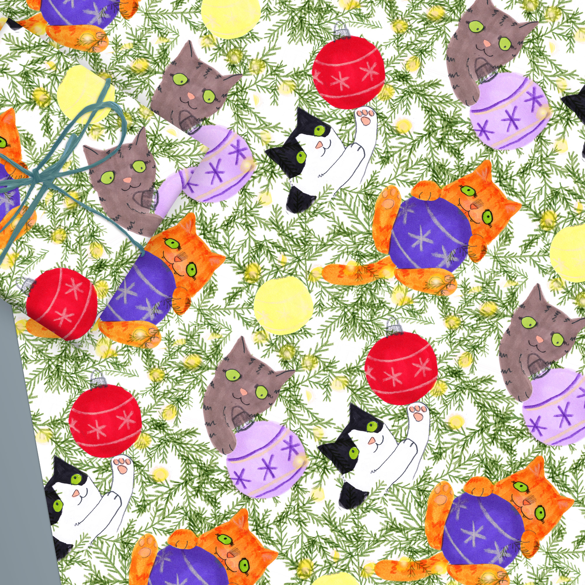 Christmas Tree Cats Gift Wrap Jo Clark Design