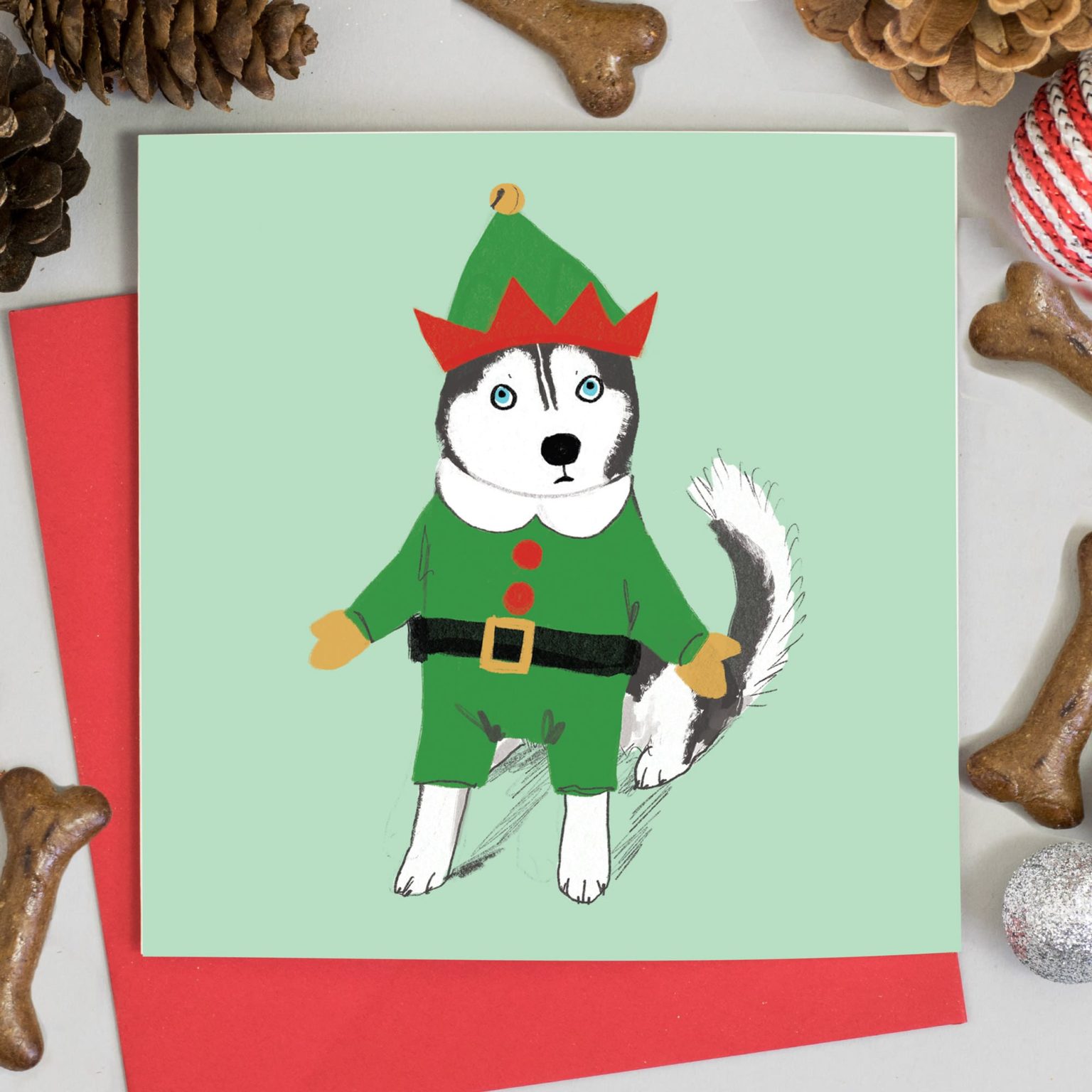 Husky Dog in Elf Costume Christmas Card Jo Clark Design